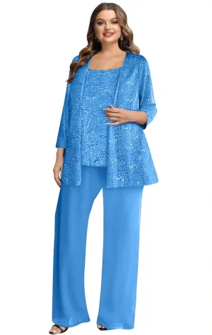 3 Pieces Mother of The Bride Pant Suits for Wedding Chiffon Sequin Pants Suits for Women Dressy with Jacket