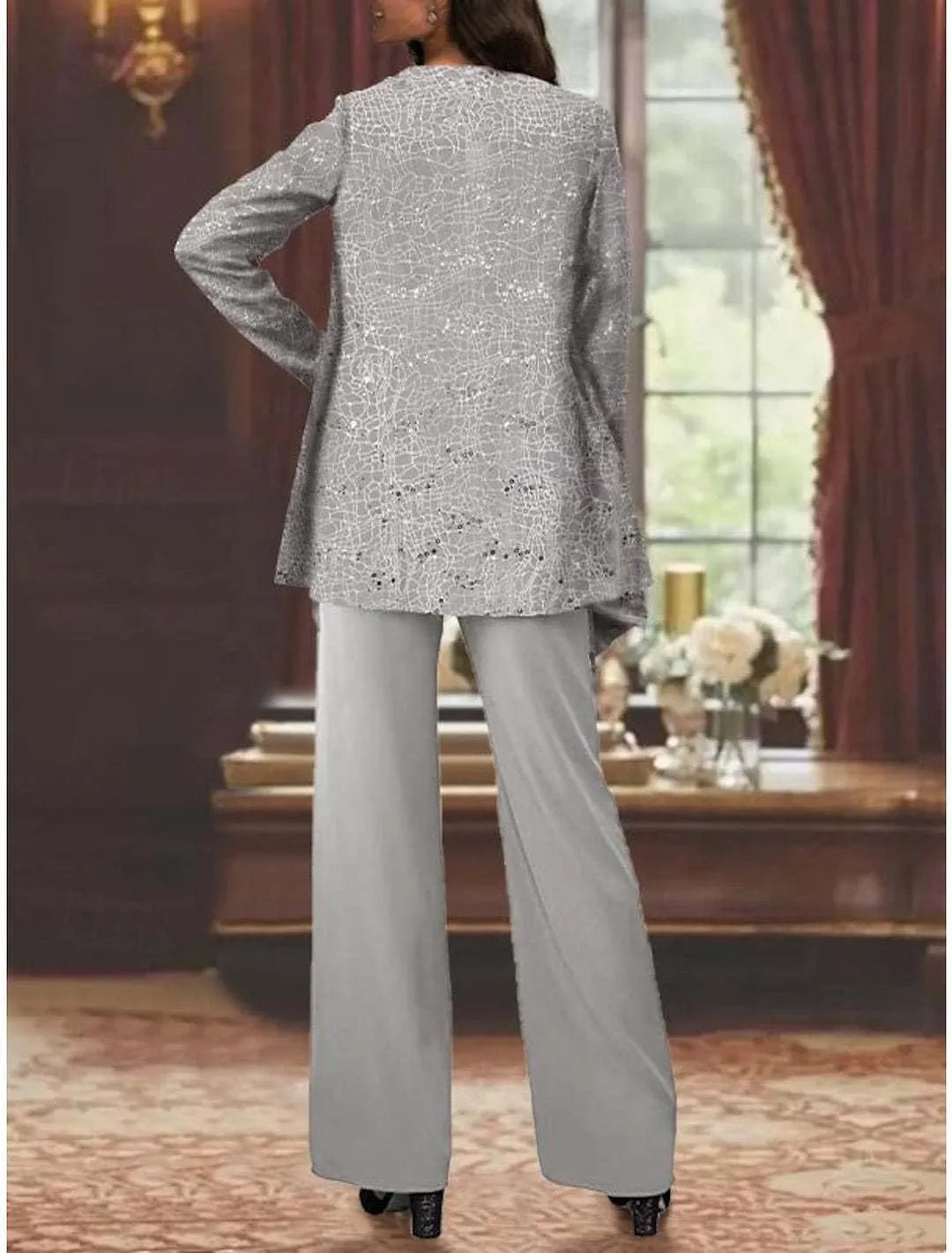 3 Pieces Mother of The Bride Pant Suits for Wedding Chiffon Sequin Pants Suits for Women Dressy with Jacket