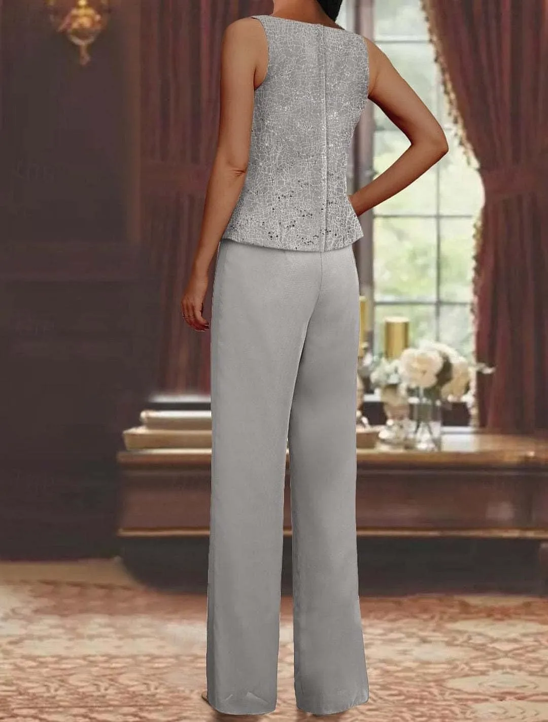 3 Pieces Mother of The Bride Pant Suits for Wedding Chiffon Sequin Pants Suits for Women Dressy with Jacket