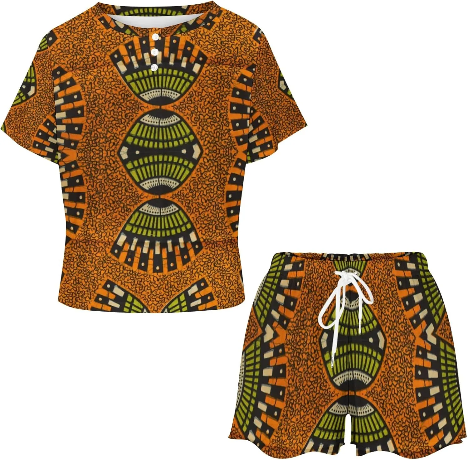 African Ankara Pattern Pajama Set for Women 2 Piece Sleepwear Loungewear Short Sleeve PJ S