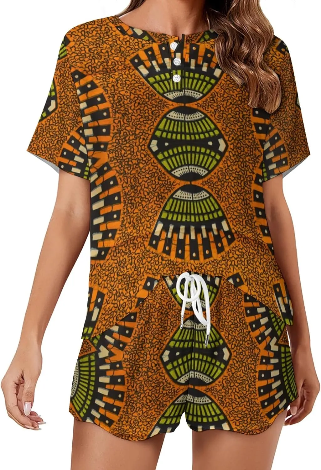 African Ankara Pattern Pajama Set for Women 2 Piece Sleepwear Loungewear Short Sleeve PJ S