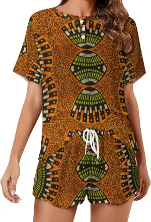 African Ankara Pattern Pajama Set for Women 2 Piece Sleepwear Loungewear Short Sleeve PJ S