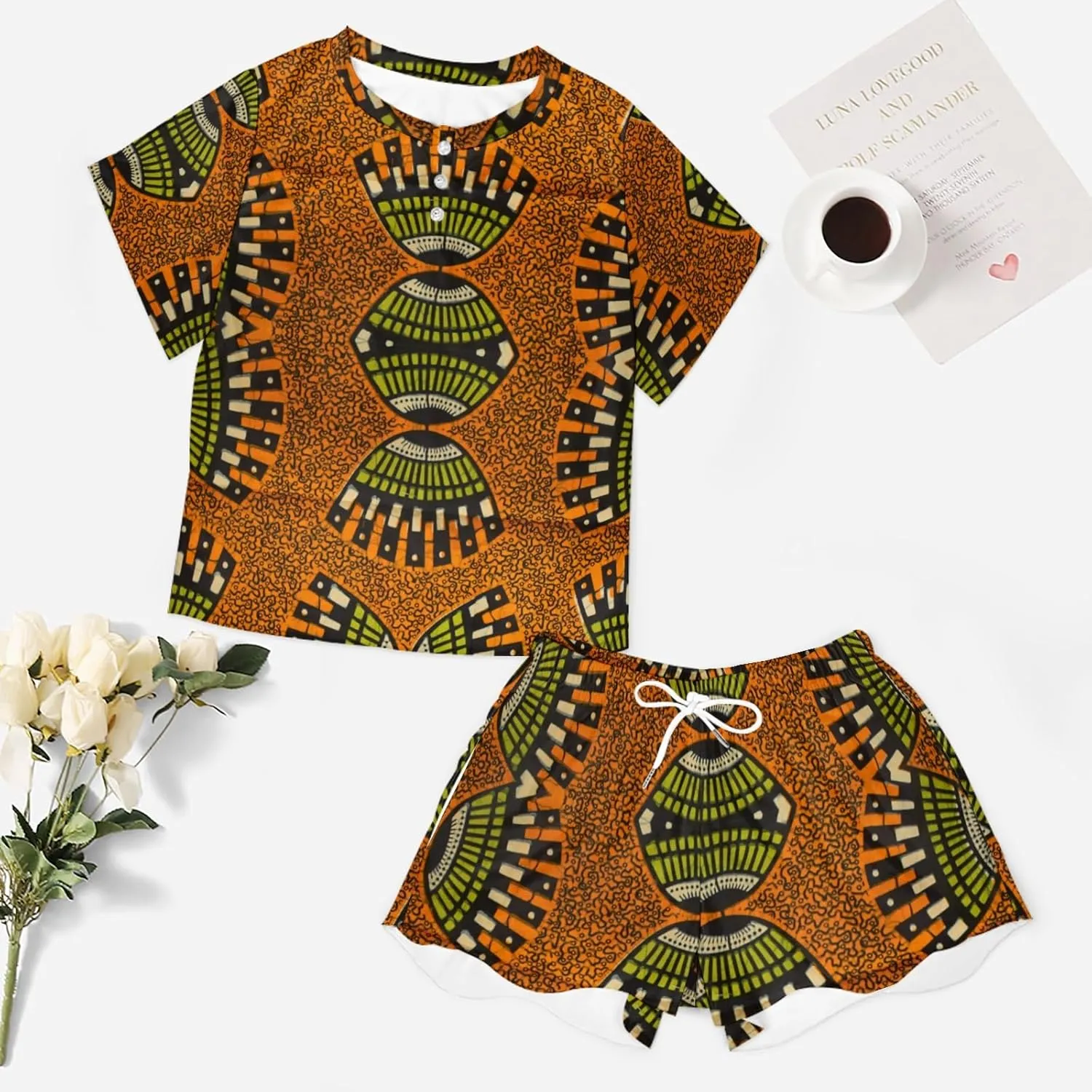 African Ankara Pattern Pajama Set for Women 2 Piece Sleepwear Loungewear Short Sleeve PJ S