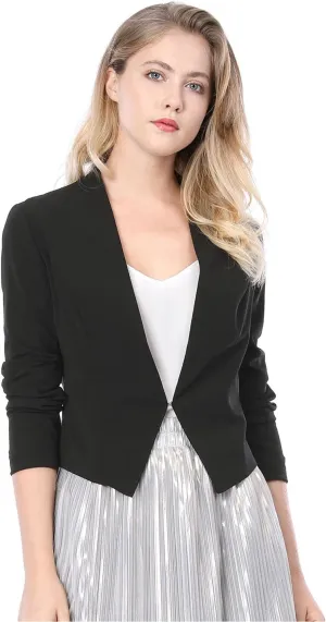 Allegra K Women's Work Office Suit Collarless Casual Cropped Blazer Jacket