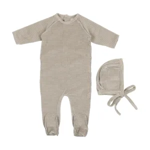 Baby Boy Footie   Hat | Thin Striped Velour | Oatmeal/Powder Blue | Mema