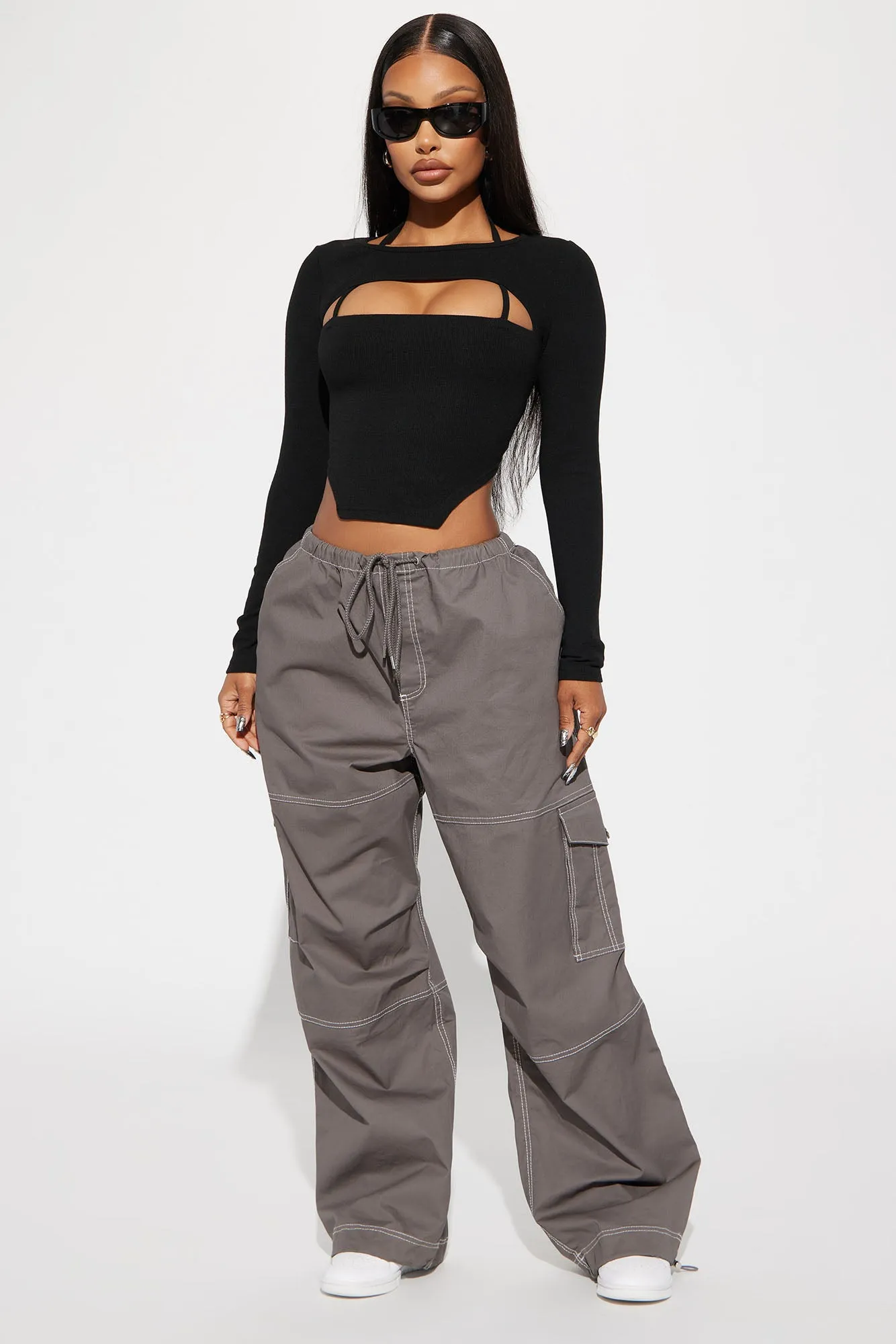 Back Outside Contrast Stitch Parachute Pant - Charcoal