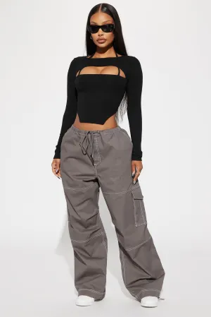 Back Outside Contrast Stitch Parachute Pant - Charcoal