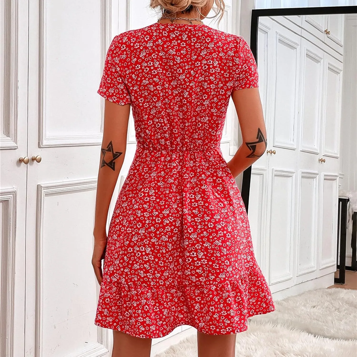 Beach Dresses for Women,2024 Summer Trendy Floral Hawaiian Dress,Elegant V Neck Short Sleeve Flowy Boho Midi Dress