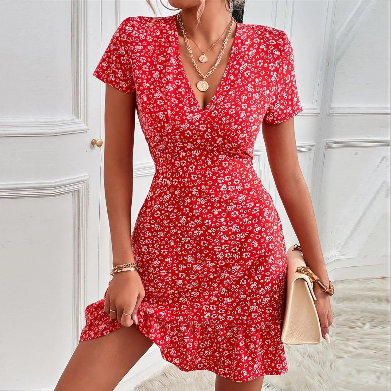 Beach Dresses for Women,2024 Summer Trendy Floral Hawaiian Dress,Elegant V Neck Short Sleeve Flowy Boho Midi Dress