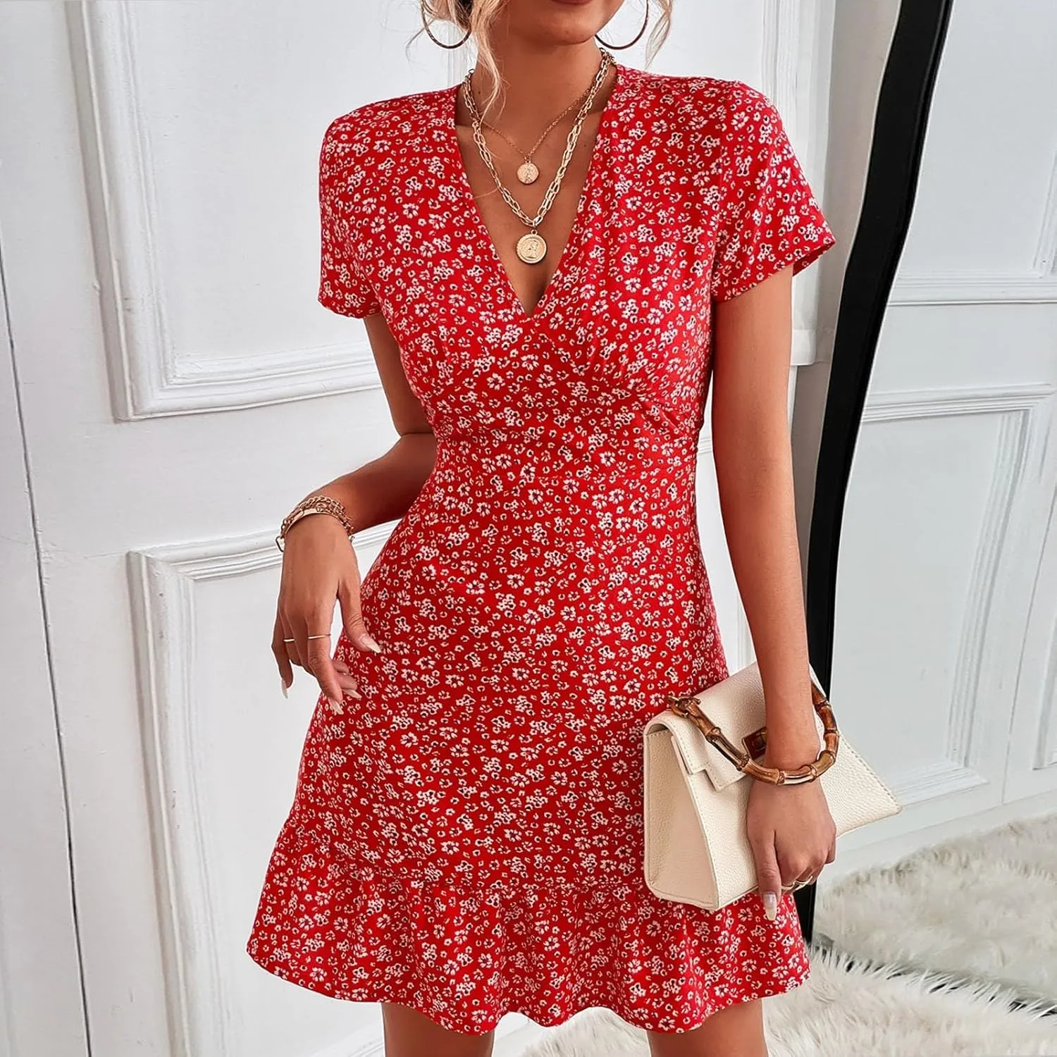 Beach Dresses for Women,2024 Summer Trendy Floral Hawaiian Dress,Elegant V Neck Short Sleeve Flowy Boho Midi Dress