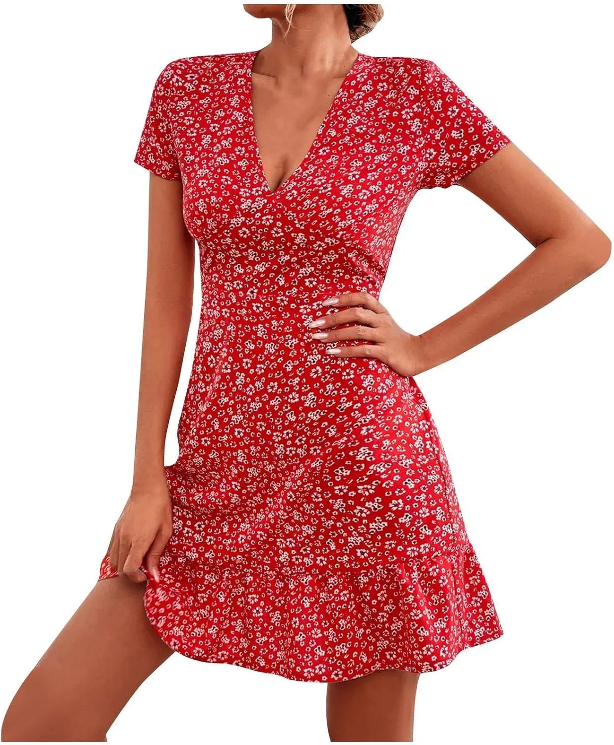 Beach Dresses for Women,2024 Summer Trendy Floral Hawaiian Dress,Elegant V Neck Short Sleeve Flowy Boho Midi Dress