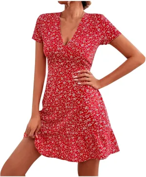 Beach Dresses for Women,2024 Summer Trendy Floral Hawaiian Dress,Elegant V Neck Short Sleeve Flowy Boho Midi Dress