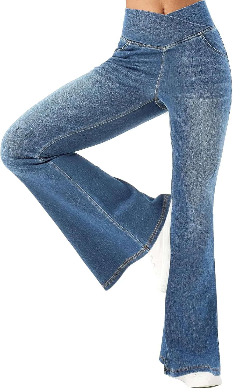 Bell Bottom Jeans for Women High Waisted Stretchy Flare Jeans Pull On Crossover Wide Leg Flared Pants with Pockets