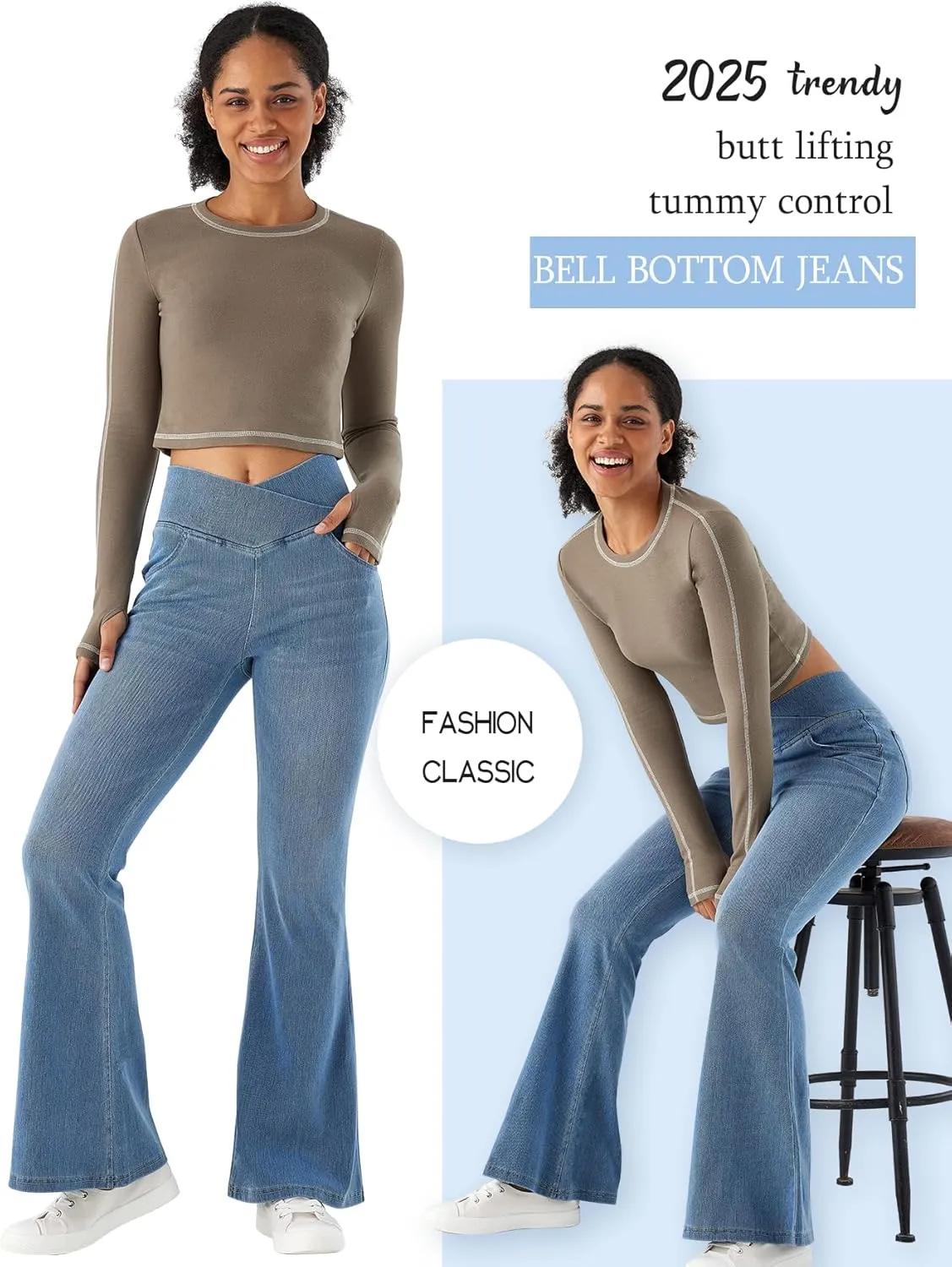 Bell Bottom Jeans for Women High Waisted Stretchy Flare Jeans Pull On Crossover Wide Leg Flared Pants with Pockets
