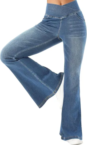 Bell Bottom Jeans for Women High Waisted Stretchy Flare Jeans Pull On Crossover Wide Leg Flared Pants with Pockets