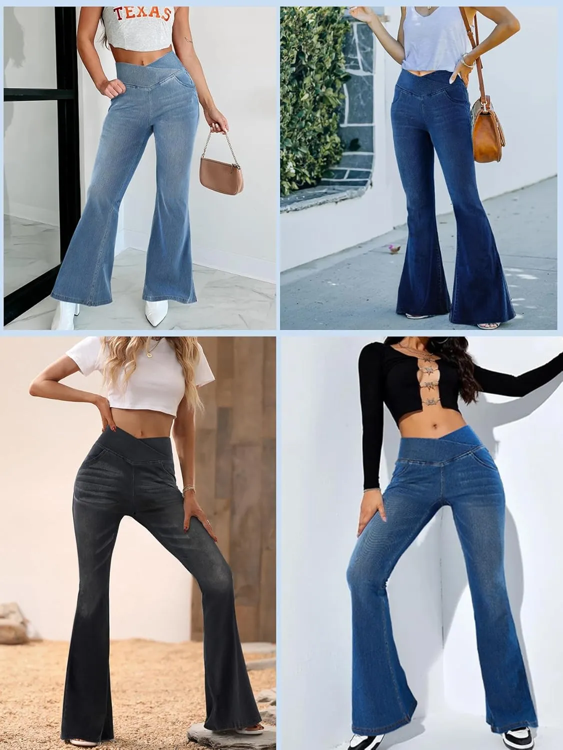 Bell Bottom Jeans for Women High Waisted Stretchy Flare Jeans Pull On Crossover Wide Leg Flared Pants with Pockets