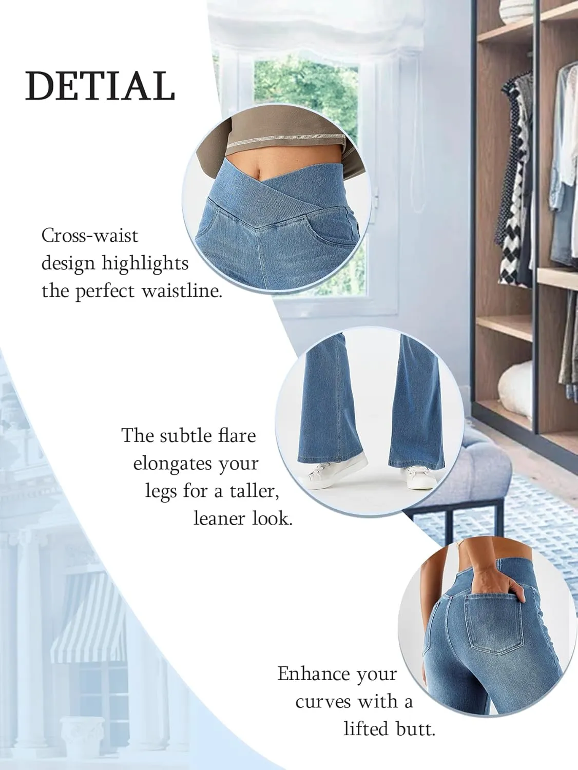 Bell Bottom Jeans for Women High Waisted Stretchy Flare Jeans Pull On Crossover Wide Leg Flared Pants with Pockets