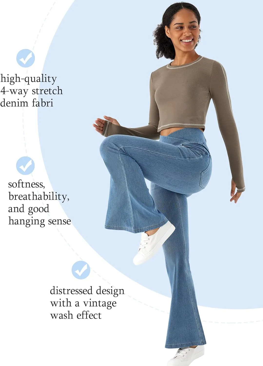 Bell Bottom Jeans for Women High Waisted Stretchy Flare Jeans Pull On Crossover Wide Leg Flared Pants with Pockets