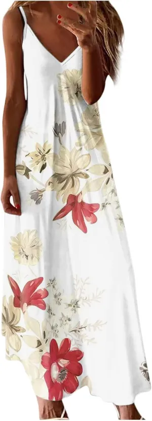 Big Deals Today Discounted Women's Summer Spaghetti Strap Elegant Long Dresses Plus Size Vacation Flowy Beach Dress Loose Floor Length Dress Summer Dresses for Women 2024 White L