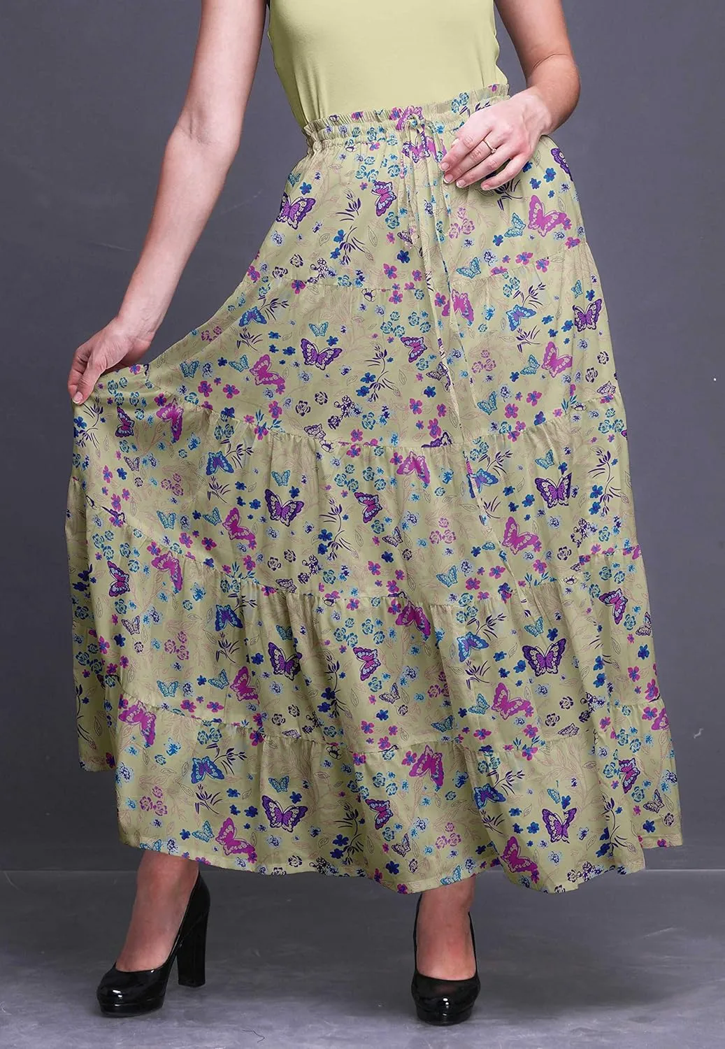 Bimba Printed Skirts for Women Long Length 5 Tier Cotton Skirt Boho Clothing