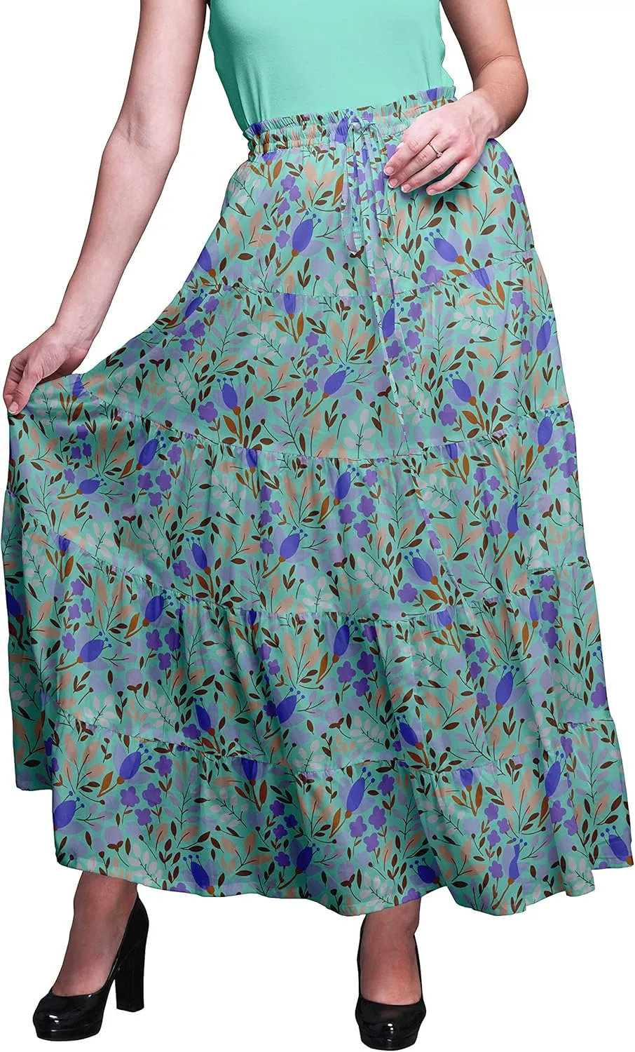 Bimba Printed Skirts for Women Long Length 5 Tier Cotton Skirt Boho Clothing