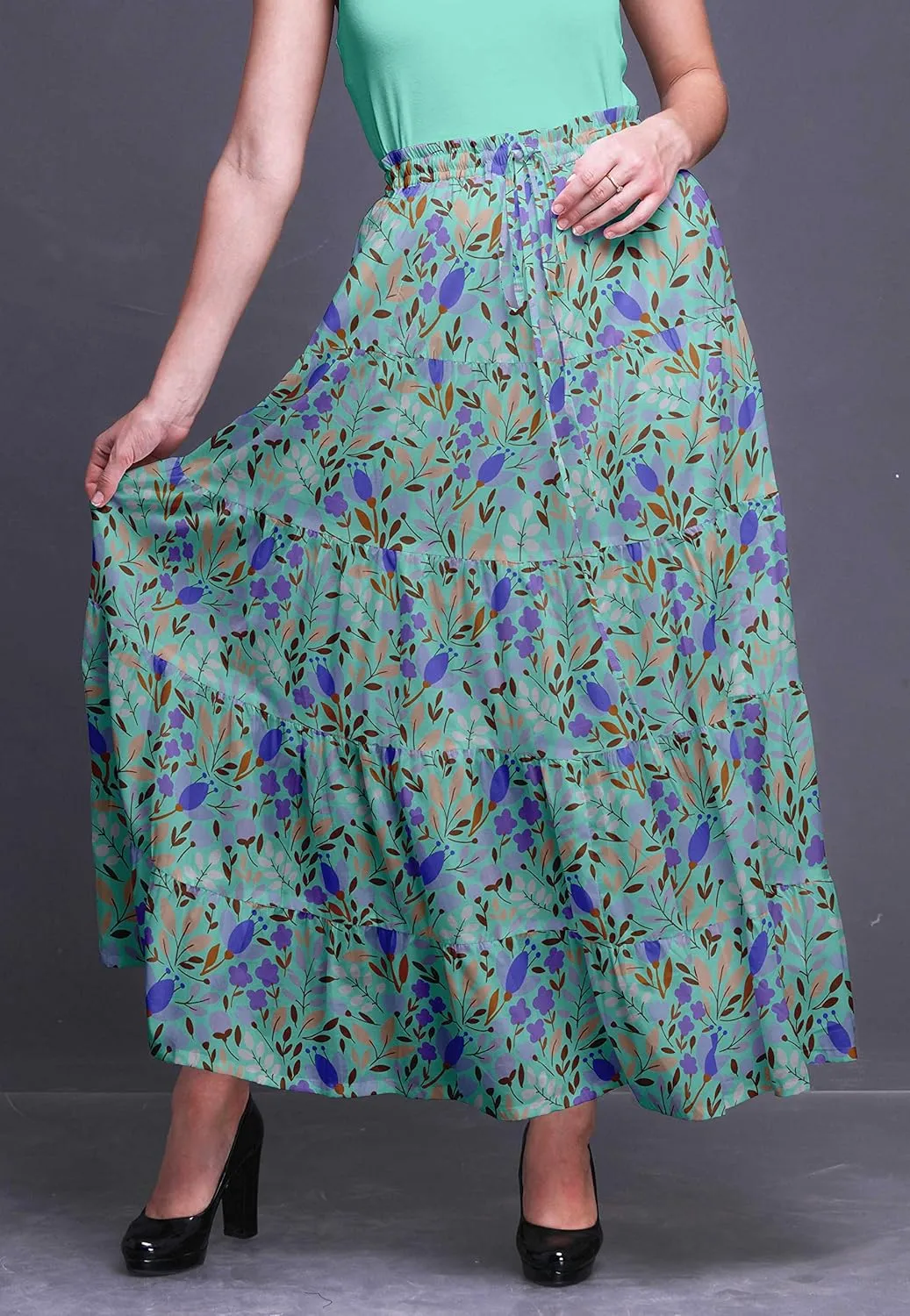 Bimba Printed Skirts for Women Long Length 5 Tier Cotton Skirt Boho Clothing