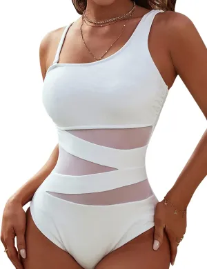 Blooming Jelly Women's Sexy One Piece Bathing Suits One Shoulder Swimsuits Slimming Mesh Swimwear