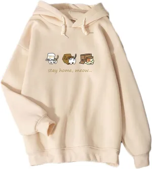 Bobeutou Women Cute Cat Print Oversized Hoodies for Teen Girls Aesthetic Kawaii Cartoon Graphic Fleece Sweatshirt for Women