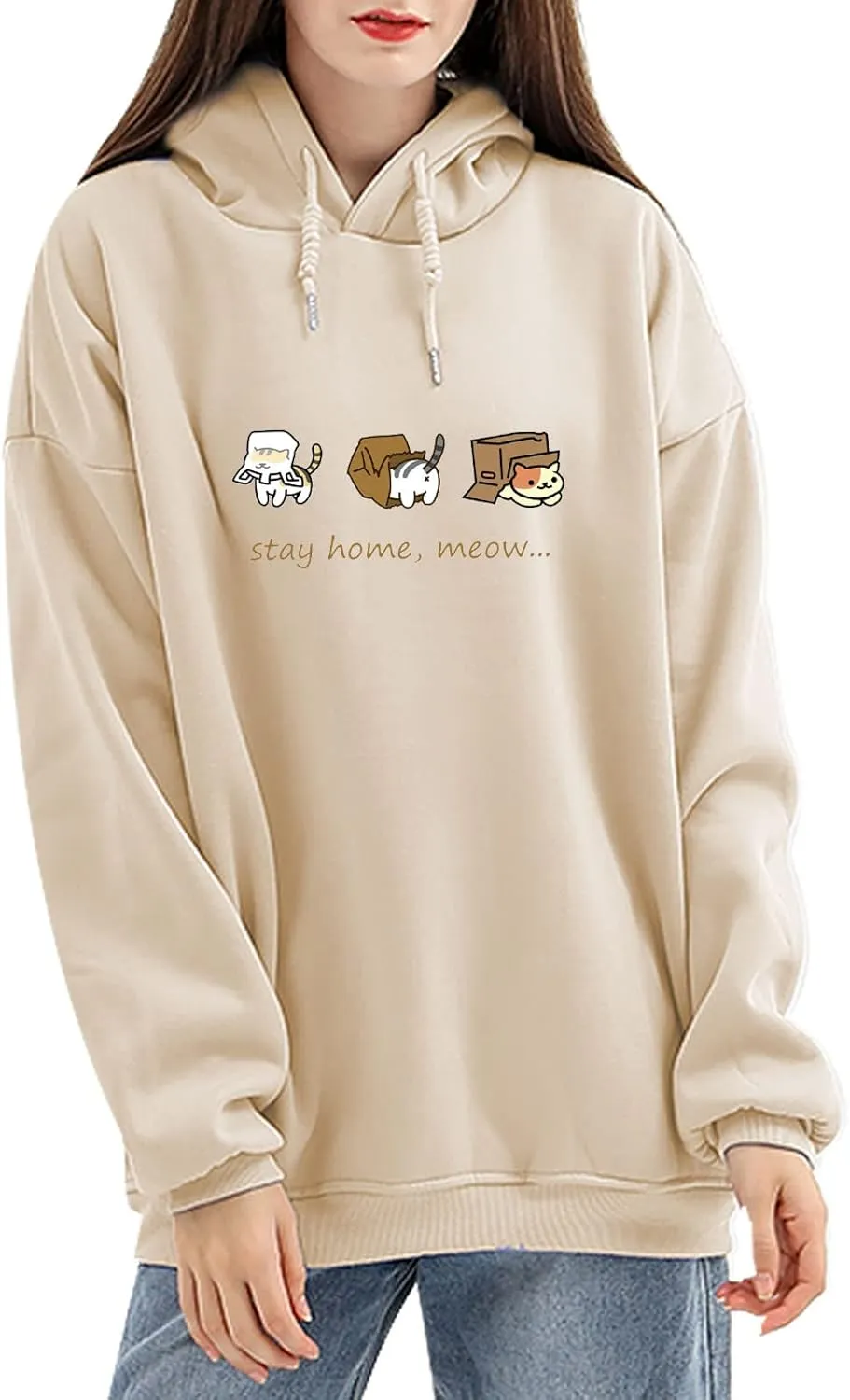 Bobeutou Women Cute Cat Print Oversized Hoodies for Teen Girls Aesthetic Kawaii Cartoon Graphic Fleece Sweatshirt for Women