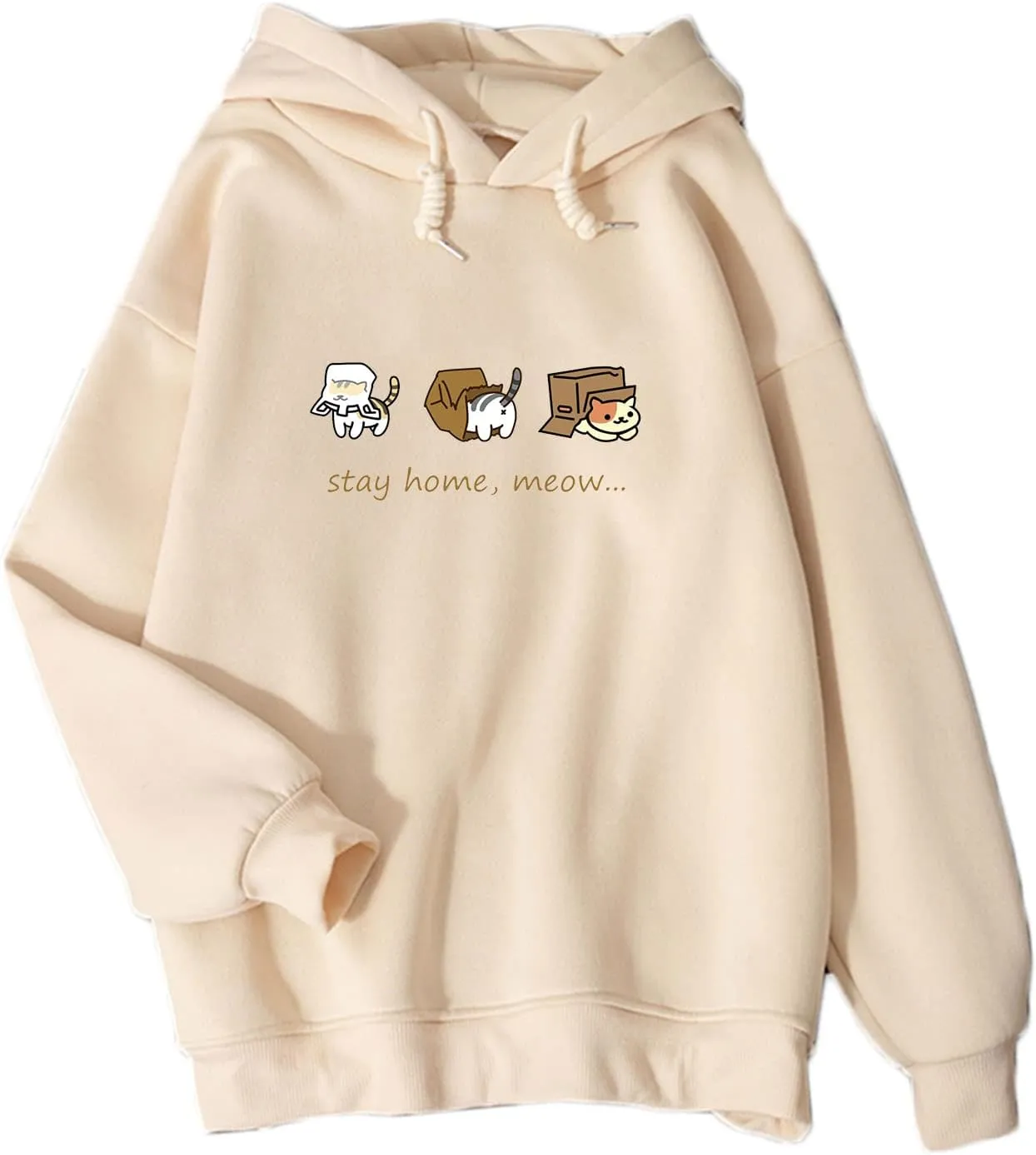 Bobeutou Women Cute Cat Print Oversized Hoodies for Teen Girls Aesthetic Kawaii Cartoon Graphic Fleece Sweatshirt for Women