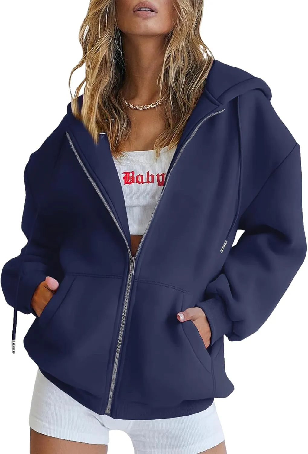 Bobeutou Womens Zip Up Y2K Hoodies Long Sleeve Fall Oversized Casual Drawstring Drop Shoulder Sweatshirts Jacket with Pocket