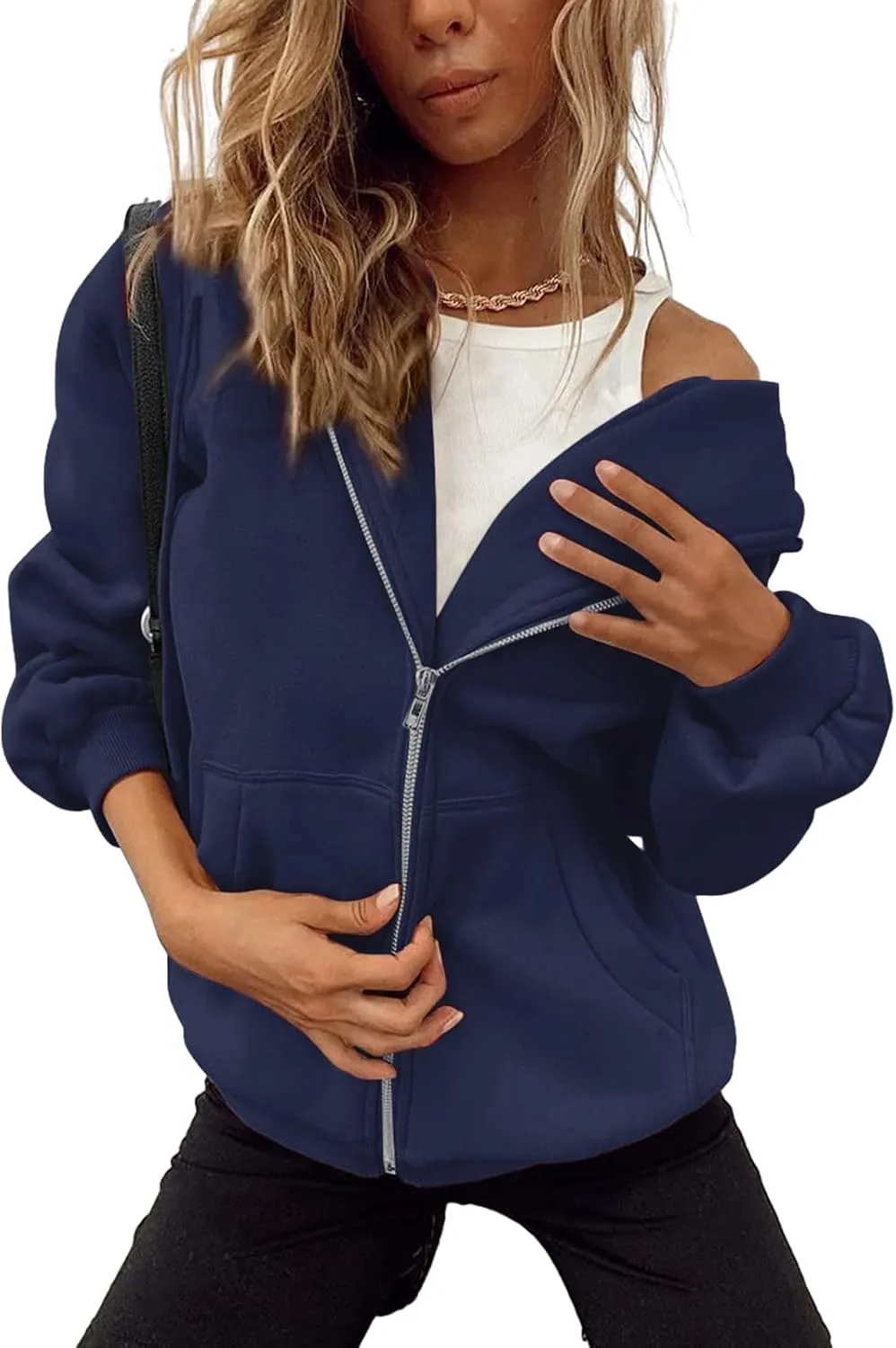 Bobeutou Womens Zip Up Y2K Hoodies Long Sleeve Fall Oversized Casual Drawstring Drop Shoulder Sweatshirts Jacket with Pocket