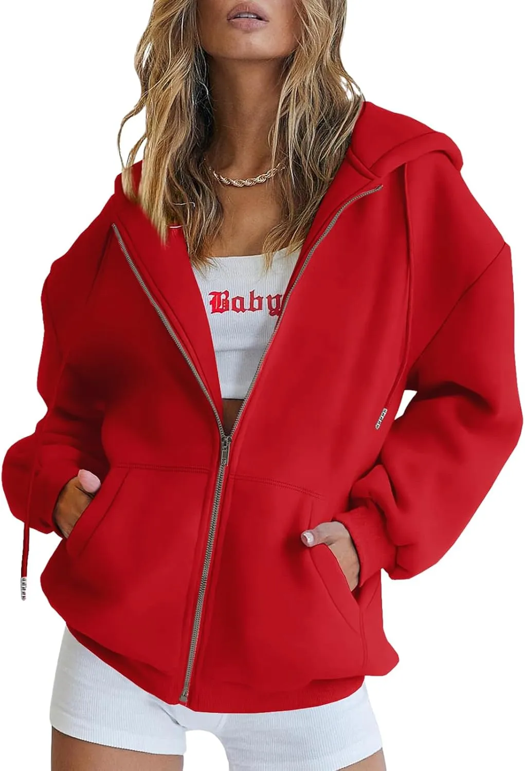 Bobeutou Womens Zip Up Y2K Hoodies Long Sleeve Fall Oversized Casual Drawstring Drop Shoulder Sweatshirts Jacket with Pocket