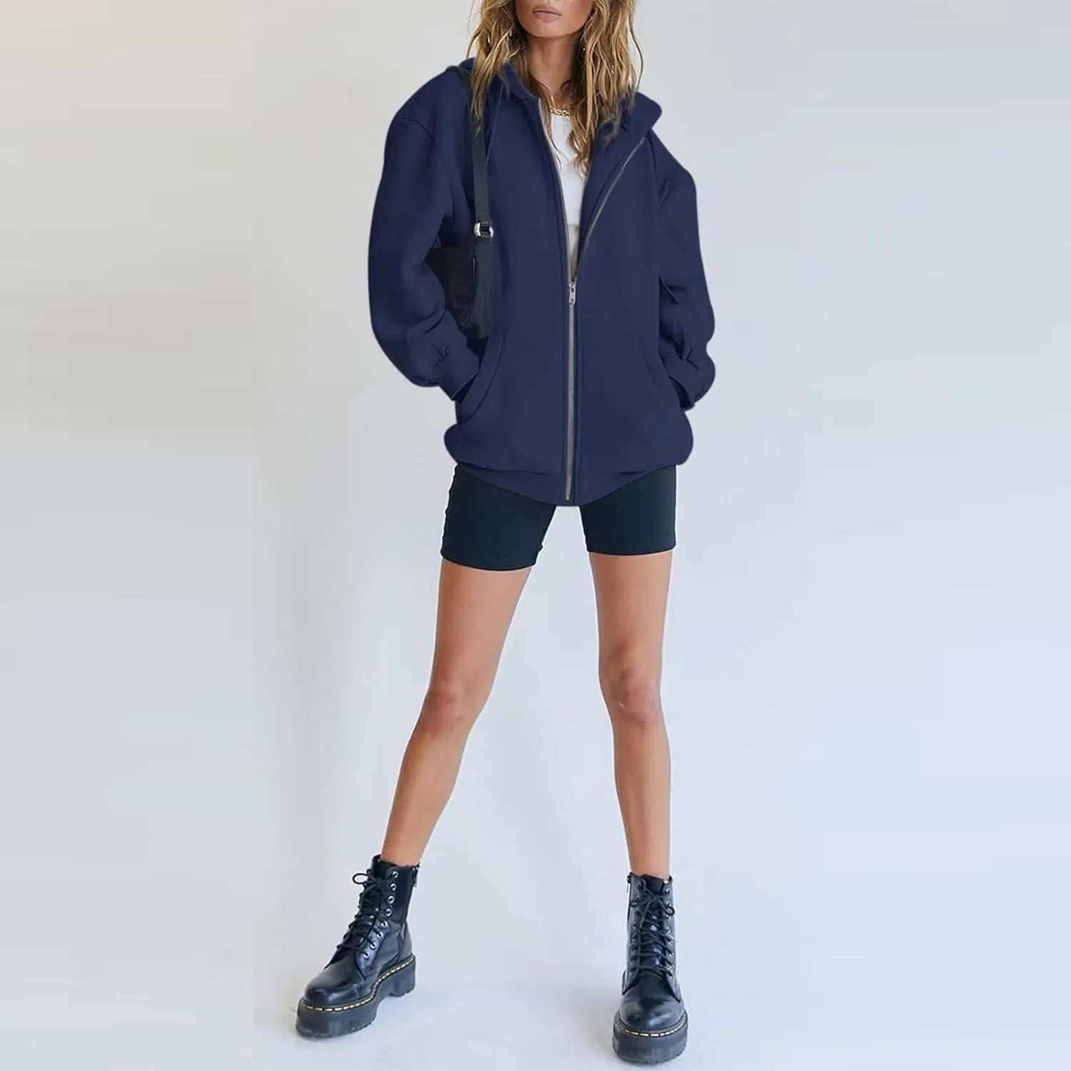 Bobeutou Womens Zip Up Y2K Hoodies Long Sleeve Fall Oversized Casual Drawstring Drop Shoulder Sweatshirts Jacket with Pocket