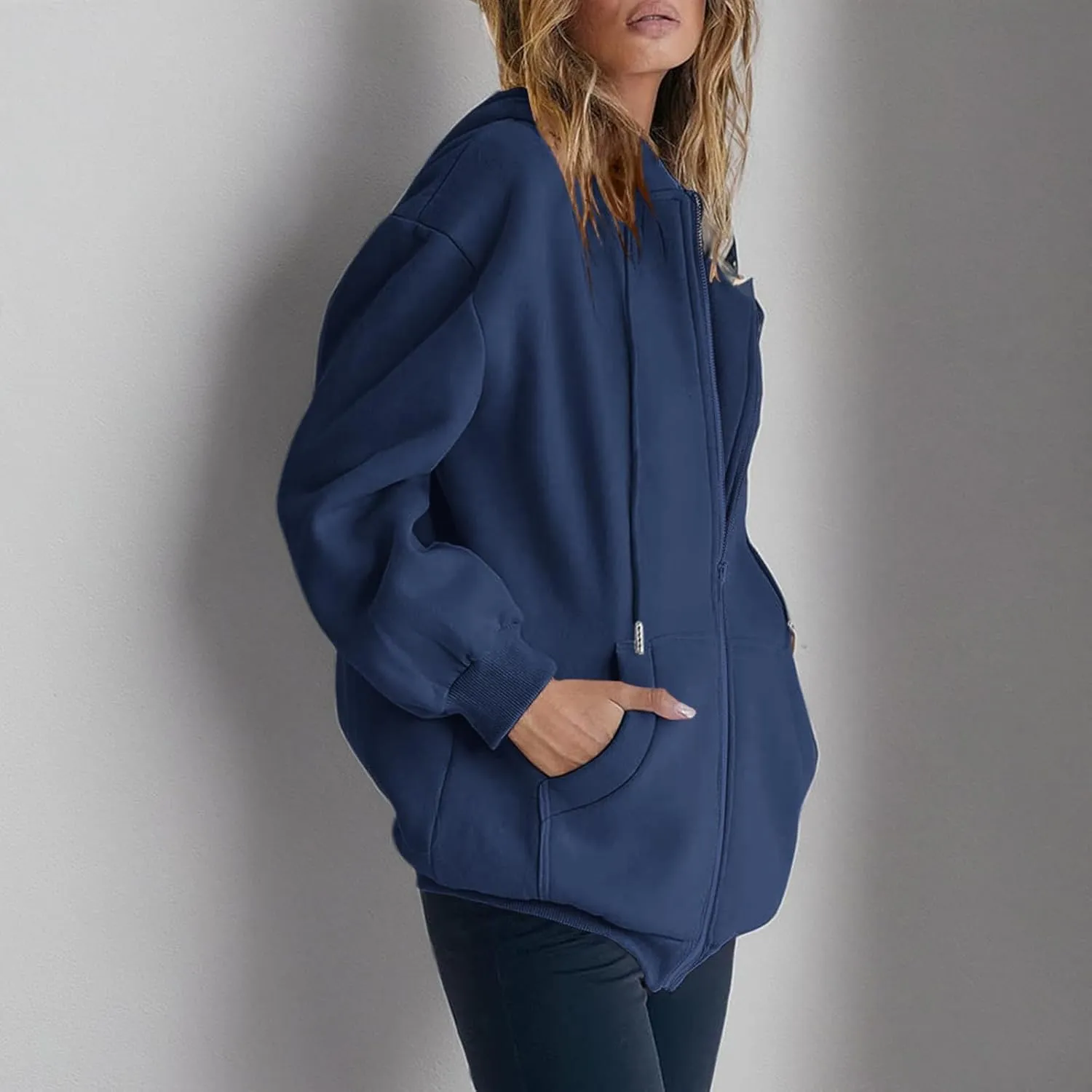 Bobeutou Womens Zip Up Y2K Hoodies Long Sleeve Fall Oversized Casual Drawstring Drop Shoulder Sweatshirts Jacket with Pocket