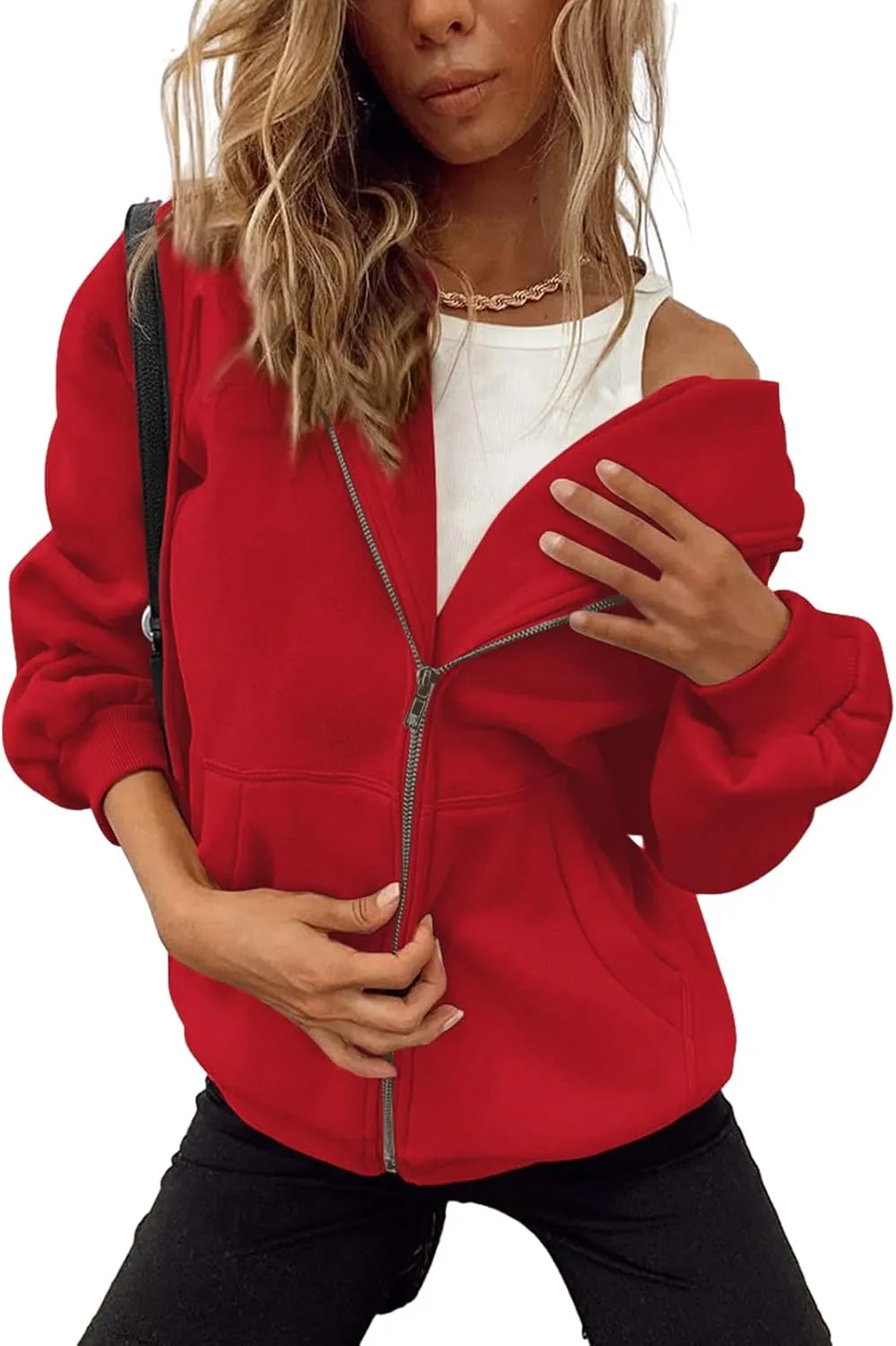 Bobeutou Womens Zip Up Y2K Hoodies Long Sleeve Fall Oversized Casual Drawstring Drop Shoulder Sweatshirts Jacket with Pocket