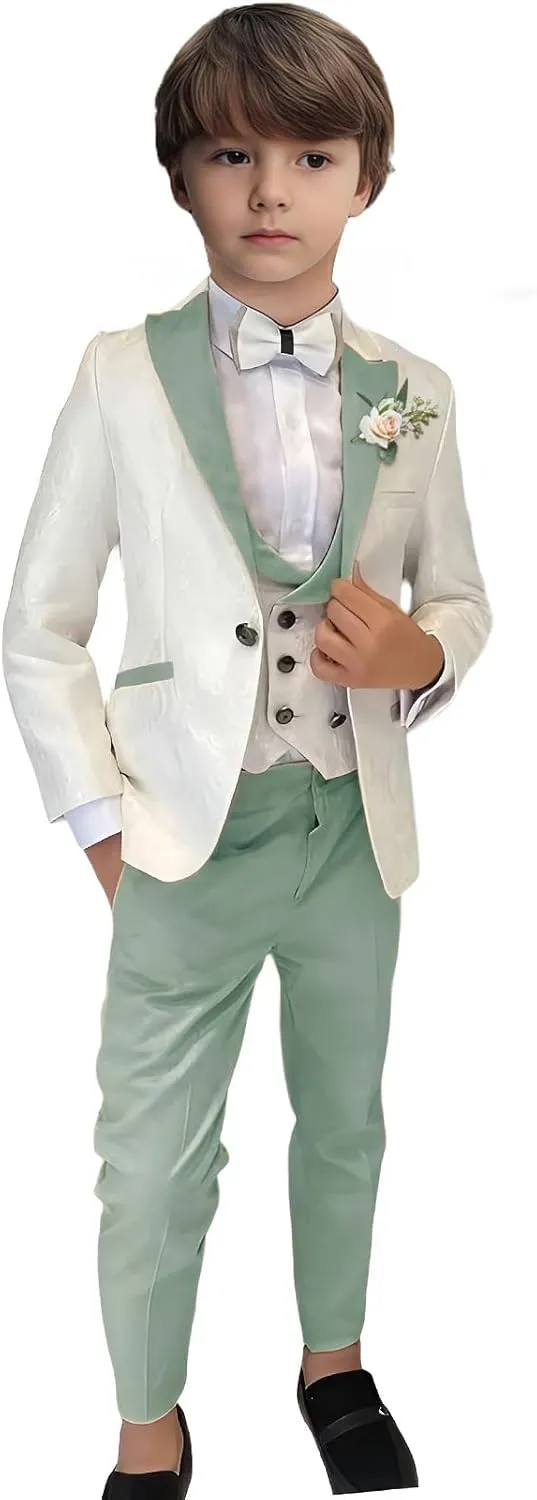 Boys Jacquard 3 Piece Suits Slim Fit Wedding Dinner Blazer Vest Pants Kids Tuxedo Suits for Boys Pageboy Ring Bearer Outfits