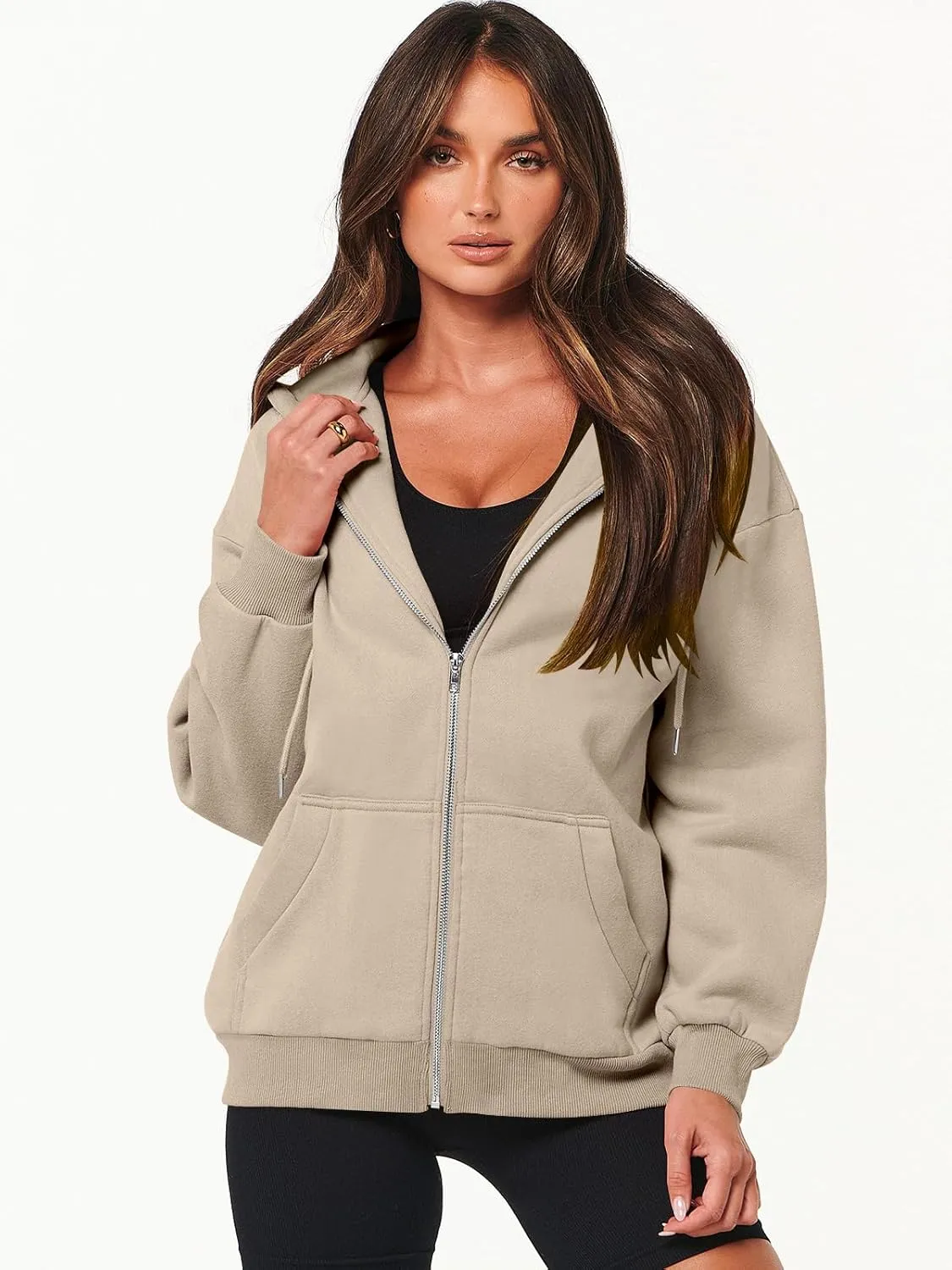 Caracilia Womens Zip Up Hoodies Oversized Long Sleeve Sweatshirts Casual Y2K Hoodie 2024 Fall Jacket with Pockets