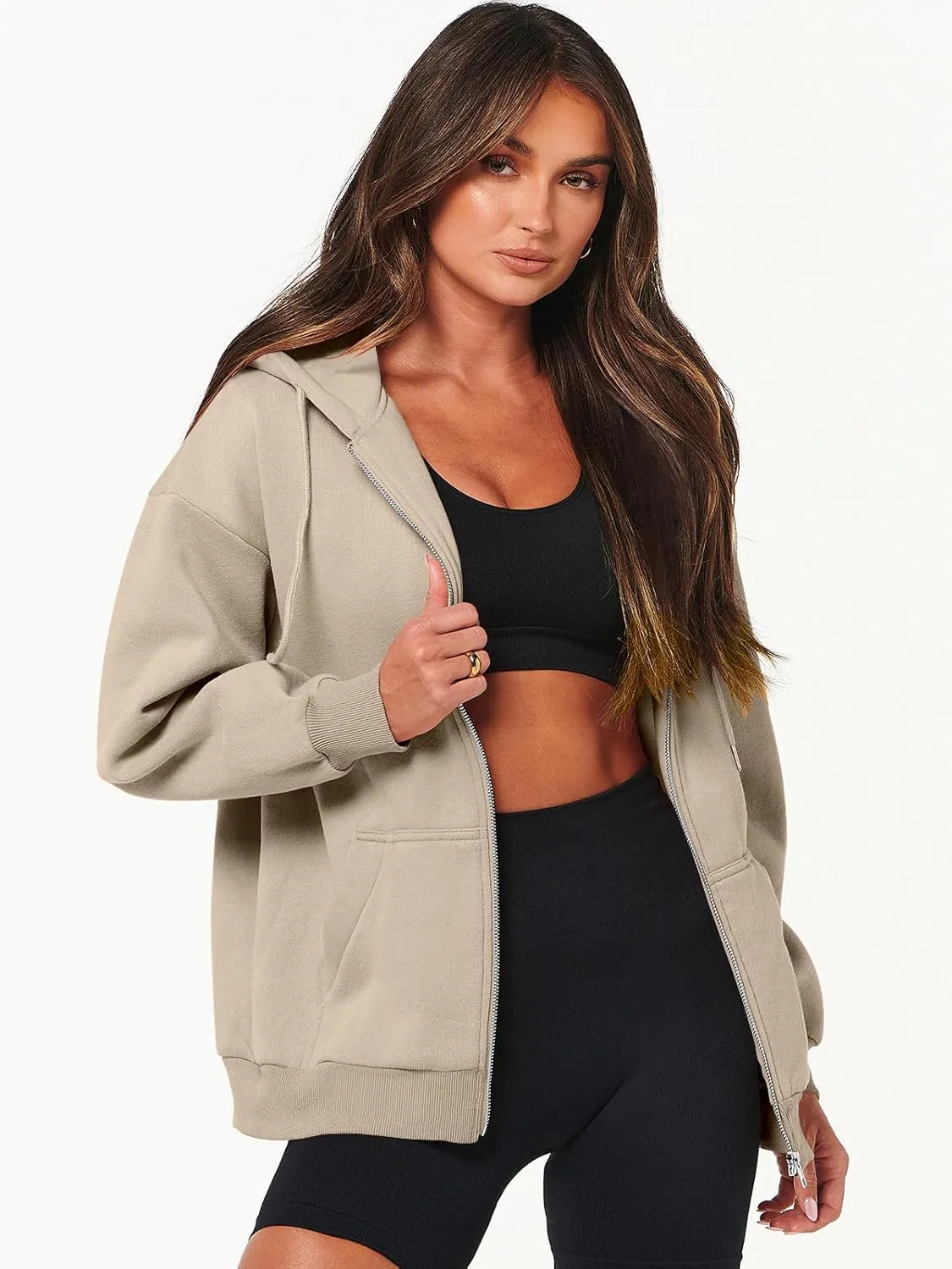 Caracilia Womens Zip Up Hoodies Oversized Long Sleeve Sweatshirts Casual Y2K Hoodie 2024 Fall Jacket with Pockets
