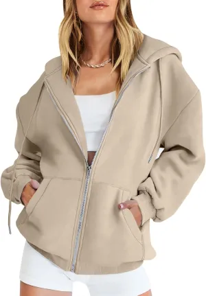 Caracilia Womens Zip Up Hoodies Oversized Long Sleeve Sweatshirts Casual Y2K Hoodie 2024 Fall Jacket with Pockets