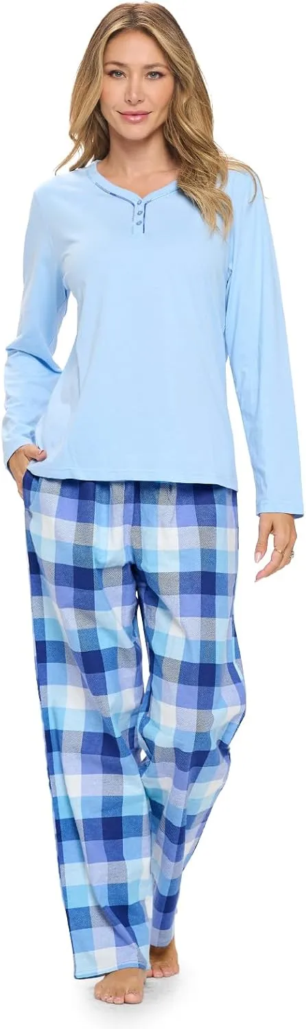 Casual Nights Women's Jersey Knit Long-Sleeve Top and Soft Flannel Bottom Pajama Set