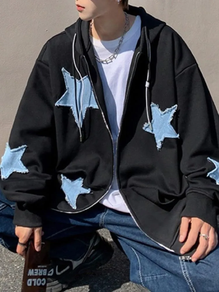 CEINOM Men's Star Patch Zip Up Hoodie for Men Women Graphic Hoodies Oversized Y2k Sweatshirt Jacket E-Girl 90s Streetwear