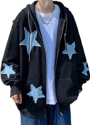 CEINOM Men's Star Patch Zip Up Hoodie for Men Women Graphic Hoodies Oversized Y2k Sweatshirt Jacket E-Girl 90s Streetwear