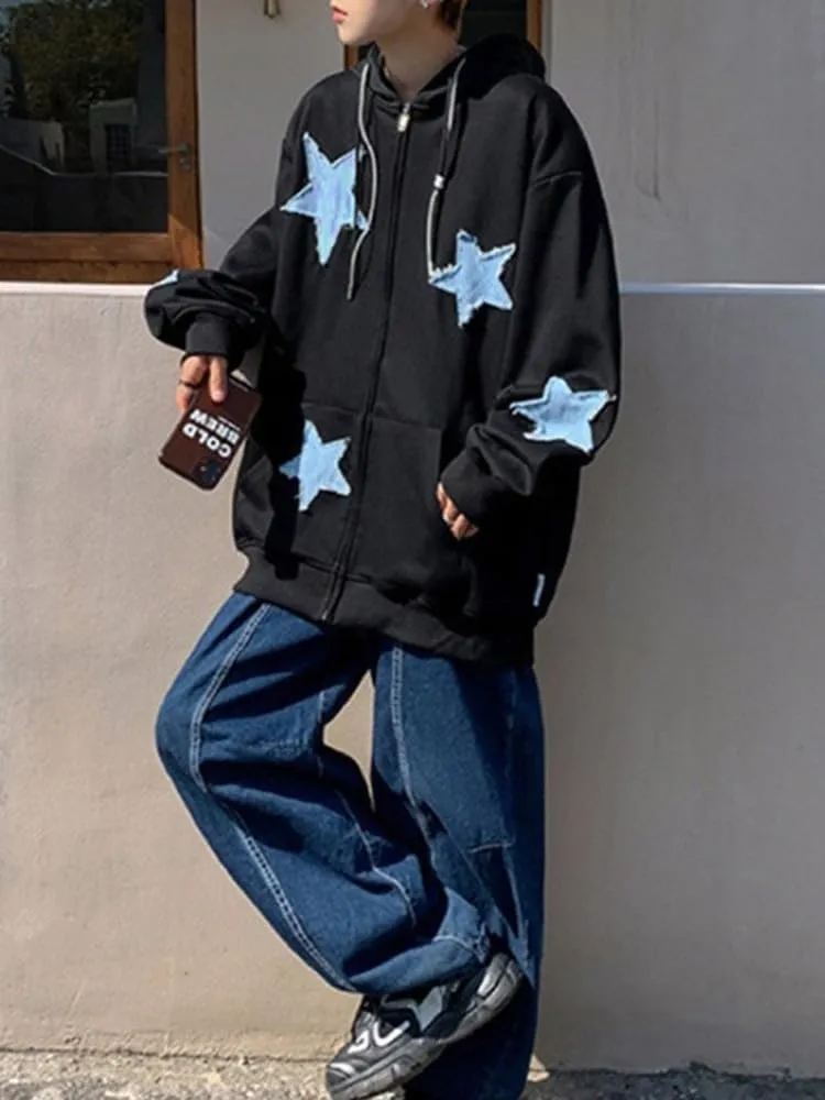CEINOM Men's Star Patch Zip Up Hoodie for Men Women Graphic Hoodies Oversized Y2k Sweatshirt Jacket E-Girl 90s Streetwear