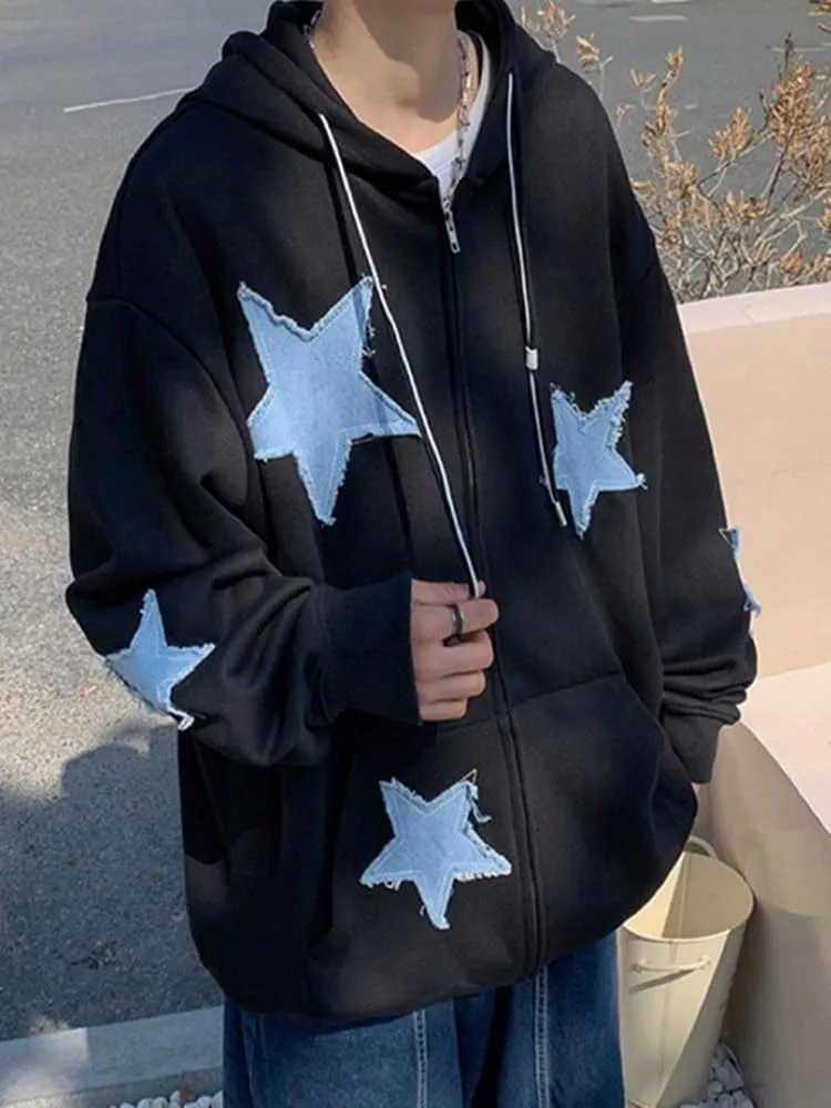 CEINOM Men's Star Patch Zip Up Hoodie for Men Women Graphic Hoodies Oversized Y2k Sweatshirt Jacket E-Girl 90s Streetwear