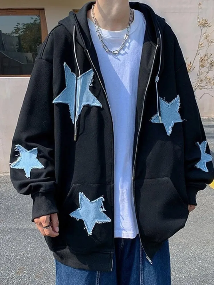 CEINOM Men's Star Patch Zip Up Hoodie for Men Women Graphic Hoodies Oversized Y2k Sweatshirt Jacket E-Girl 90s Streetwear