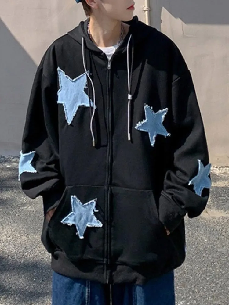 CEINOM Men's Star Patch Zip Up Hoodie for Men Women Graphic Hoodies Oversized Y2k Sweatshirt Jacket E-Girl 90s Streetwear