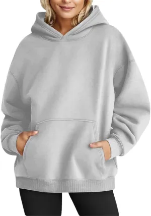 Chaos World Women's Long Sleeve Oversized Pullover Solid Color Y2K Hoodie Fall Winter Sweatshirt with Pocket (L,Grey)
