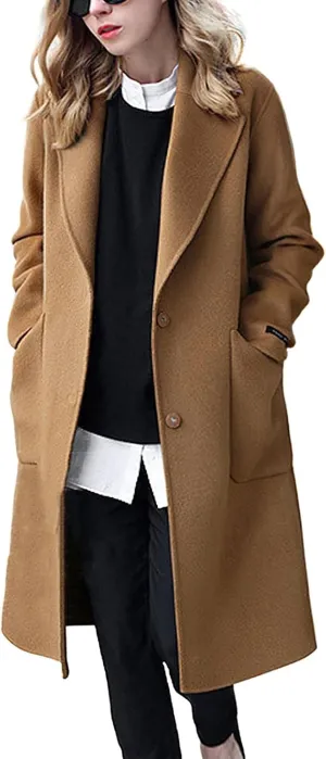 chouyatou Women's Winter Casual Single Breasted Long Wool Coat Formal Office Wool Overcoat