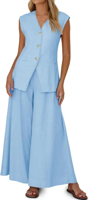Cicy Bell Womens Summer 2 Piece Outfits Button Front V Neck Vest and High Waisted Wide Leg Pants Sets